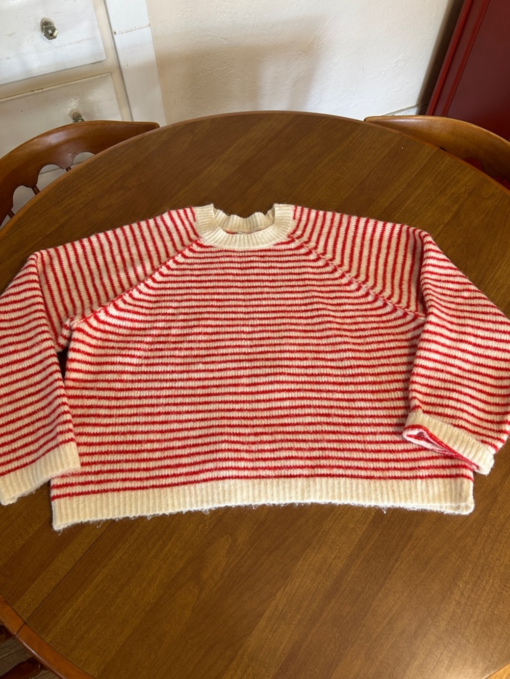 American Eagle Outfitters Red and Cream Striped Crewneck Sweater